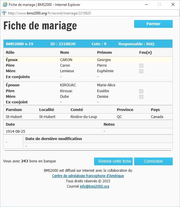 Fiche de mariage de la base de données BMS2000