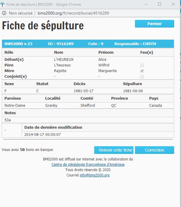 Fiche de sépulture de la base de données BMS2000