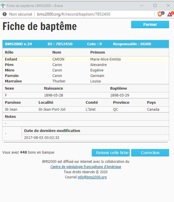Fiche de baptême de la base de données BMS2000