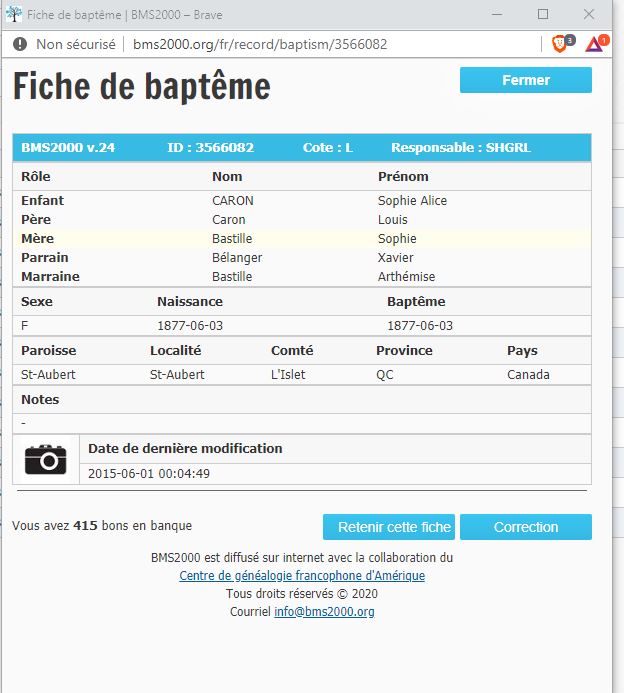 Fiche de baptême de la base de données BMS2000