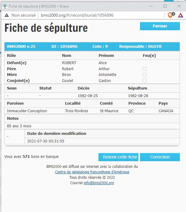 Fiche de sépulture de la base de données BMS2000