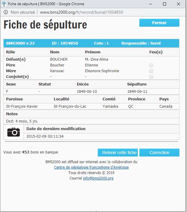 Fiche de sépulture de la base de données BMS2000