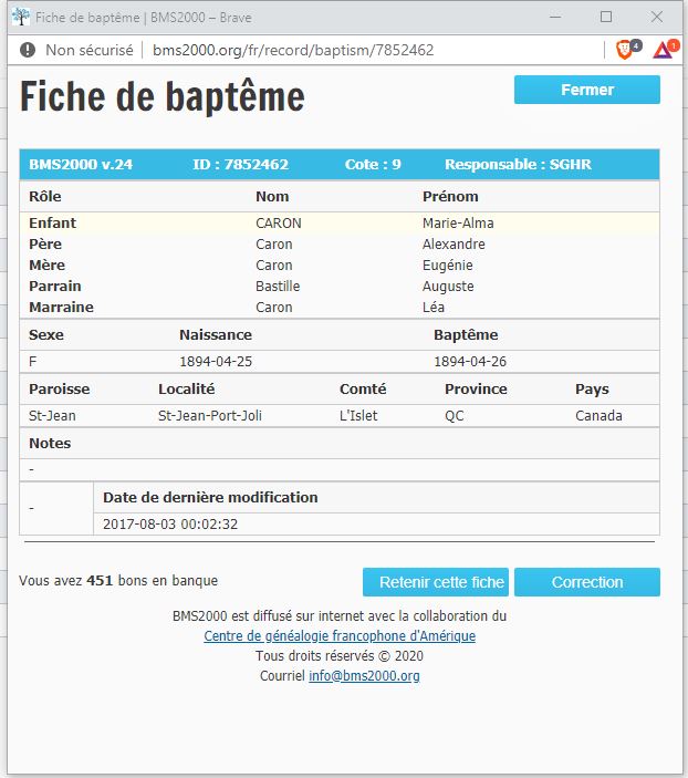 Fiche de baptême de la base de données BMS2000