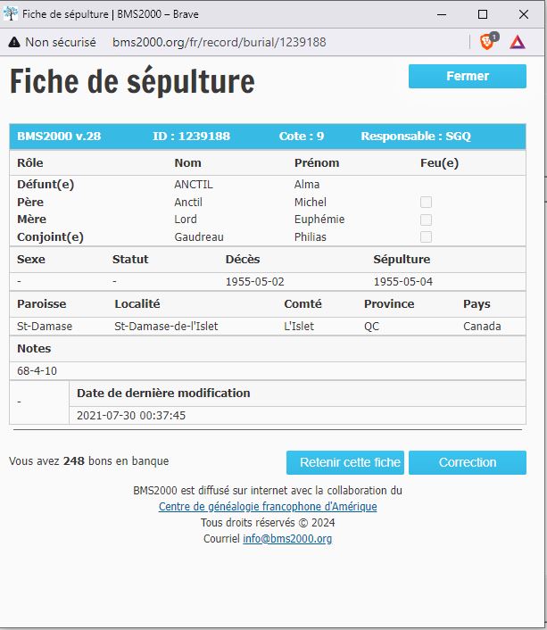 Fiche de sépulture de la base de données BMS2000 Fiche de sépulture de la base de données BMS2000