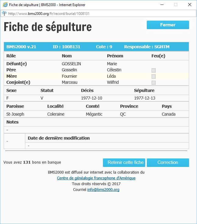 Fiche de sépulture de la base de données BMS2000