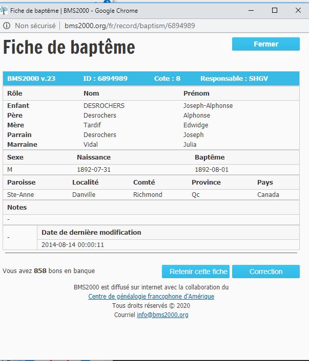 Fiche de baptême de la base de données BMS2000