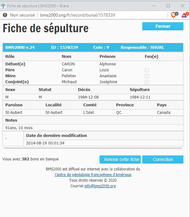 Fiche de sépulture de la base de données BMS2000