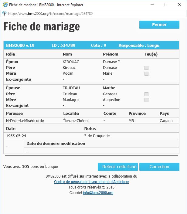 Fiche de mariage de la base de données BMS2000