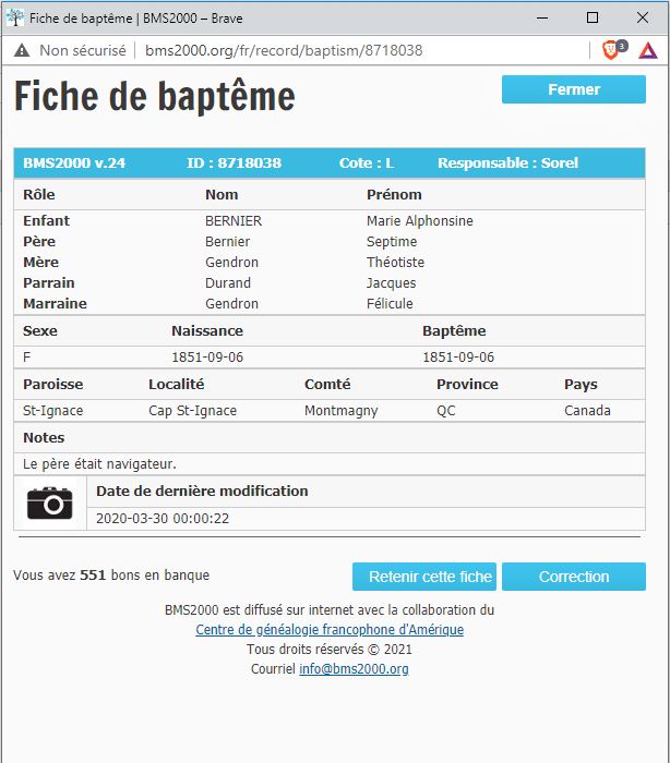 Fiche de baptême de la base de données BMS2000