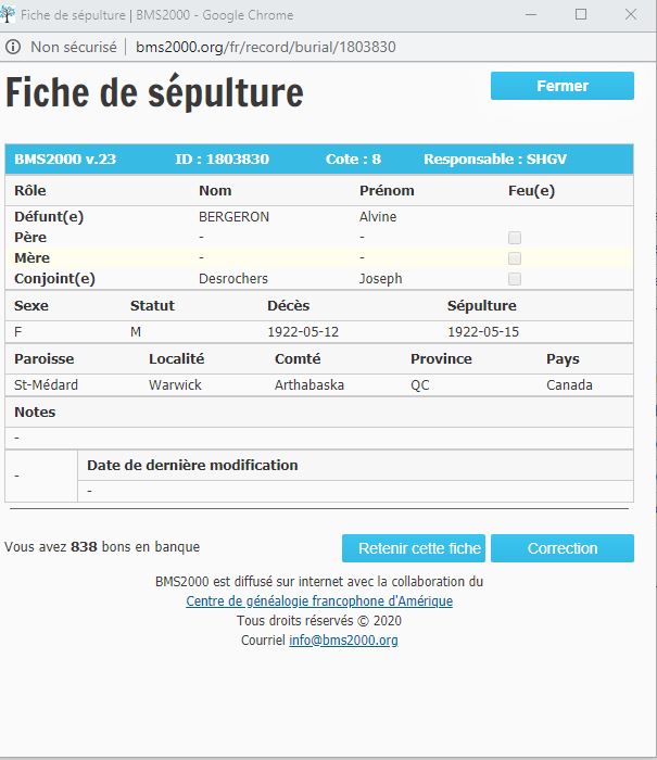 Fiche de sépulture de la base de données BMS2000