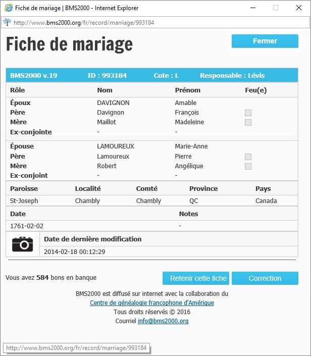 Fiche de mariage de la base de données BMS2000