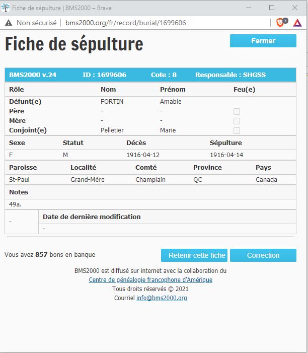 Fiche de sépulture de la base de données BMS2000 Fiche de sépulture de la base de données BMS2000