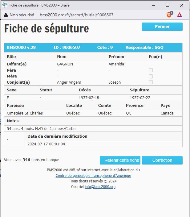 Fiche de sépulture de la base de données BMS2000