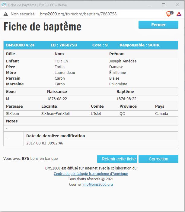 Fiche de baptême de la base de données BMS2000