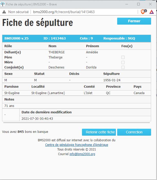 Fiche de sépulture de la base de données BMS2000