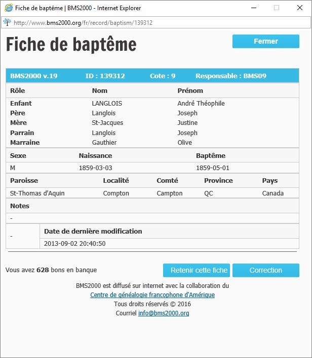 Fiche de baptême de la base de données BMS2000