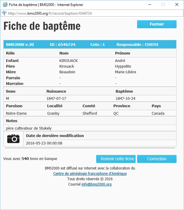 Fiche de baptême de la base de données BMS2000