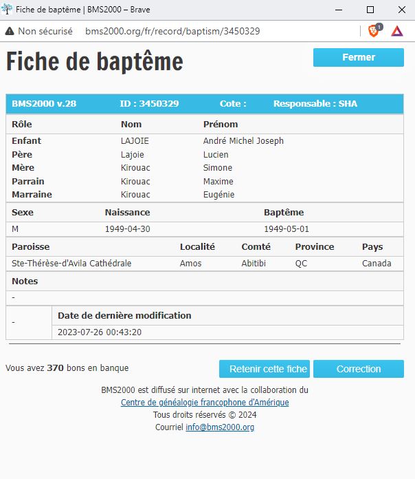 Fiche de baptême de la base de données BMS2000
