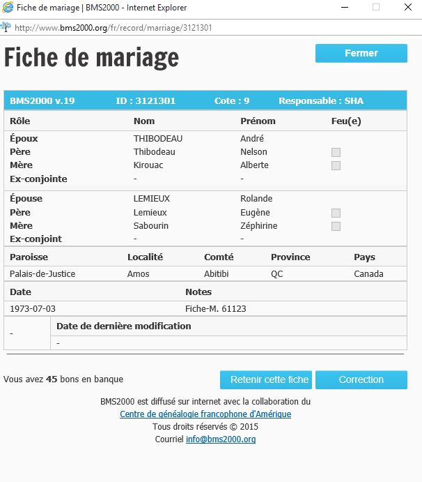 Fiche de mariage de la base de données BMS2000