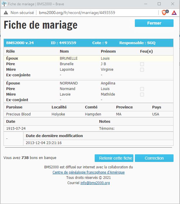 Fiche de mariage de la base de données BMS2000