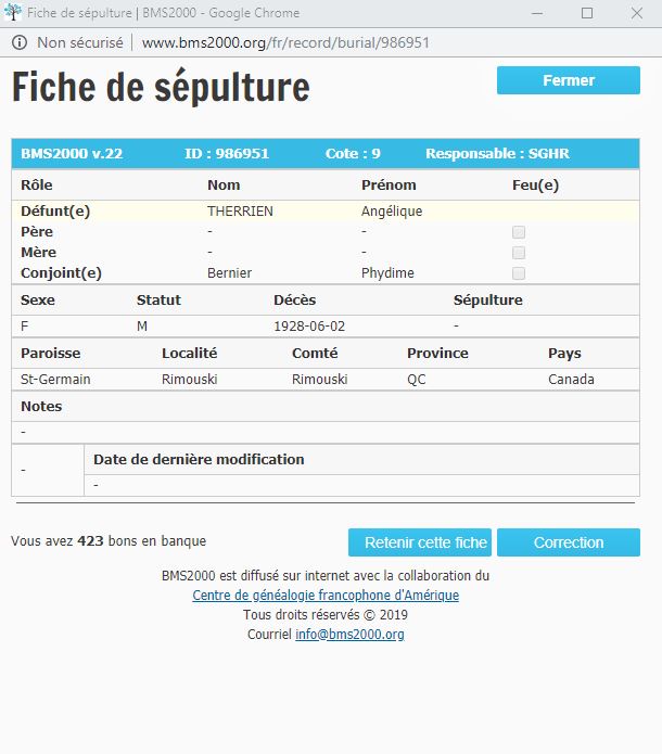 Fiche de sépulture de la base de données BMS2000 Fiche de sépulture de la base de données BMS2000