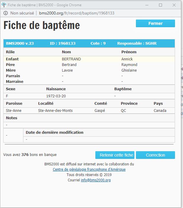 Fiche de baptême de la base de données BMS2000