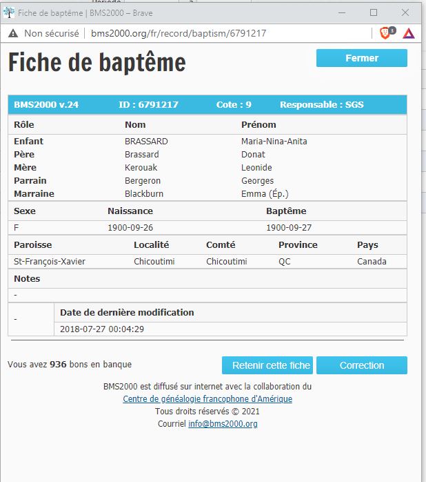 Fiche de baptême de la base de données BMS2000