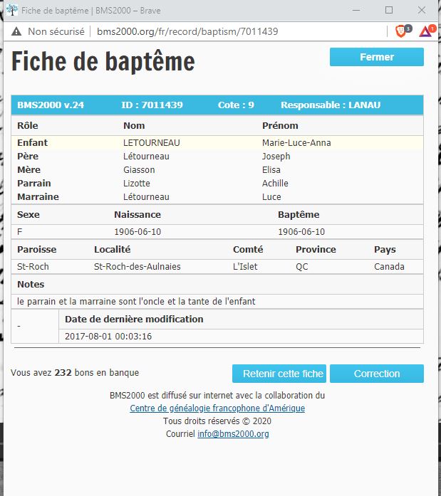 Fiche de baptême de la base de données BMS2000
