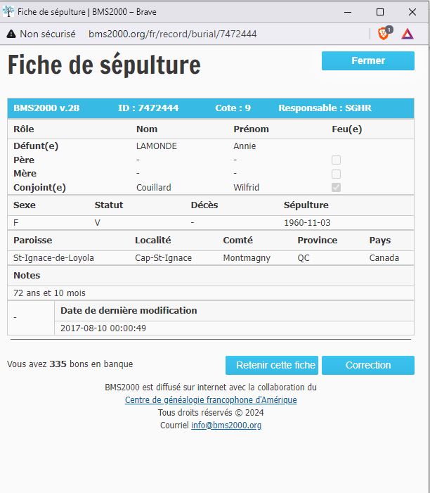 Fiche de sépulture de la base de données BMS2000