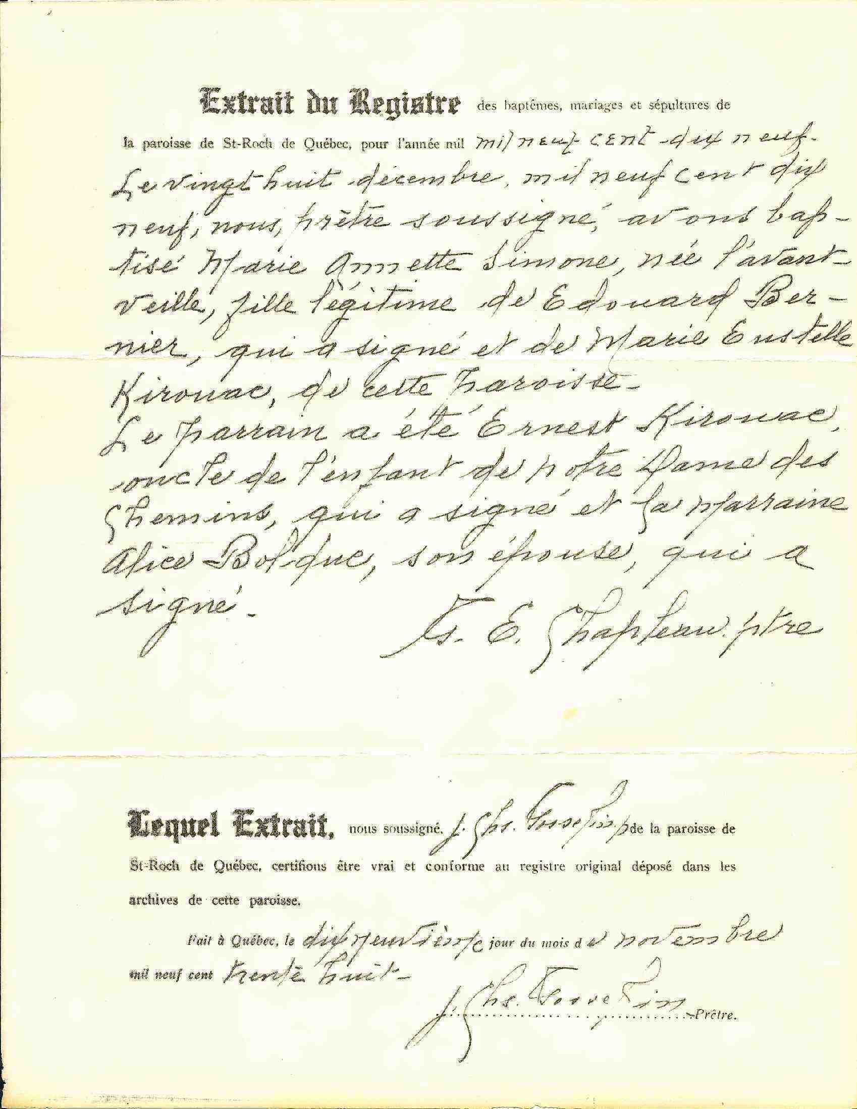 Certificat de baptême émis par la paroisse (manuscrit)