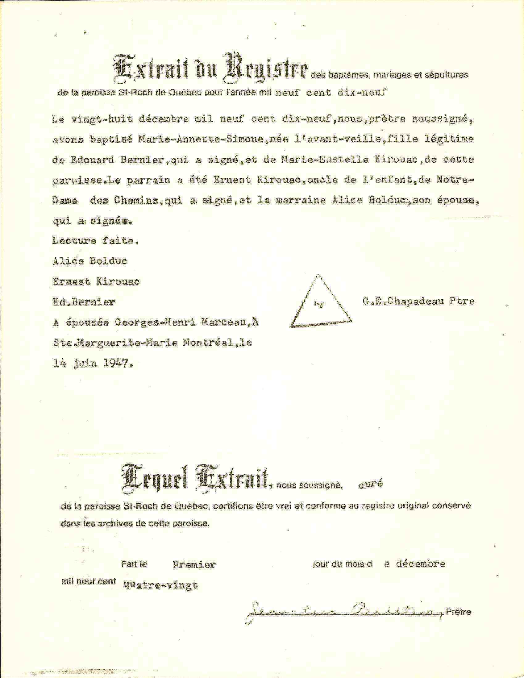 Certificat de baptême émis par la paroisse (dactylographié)