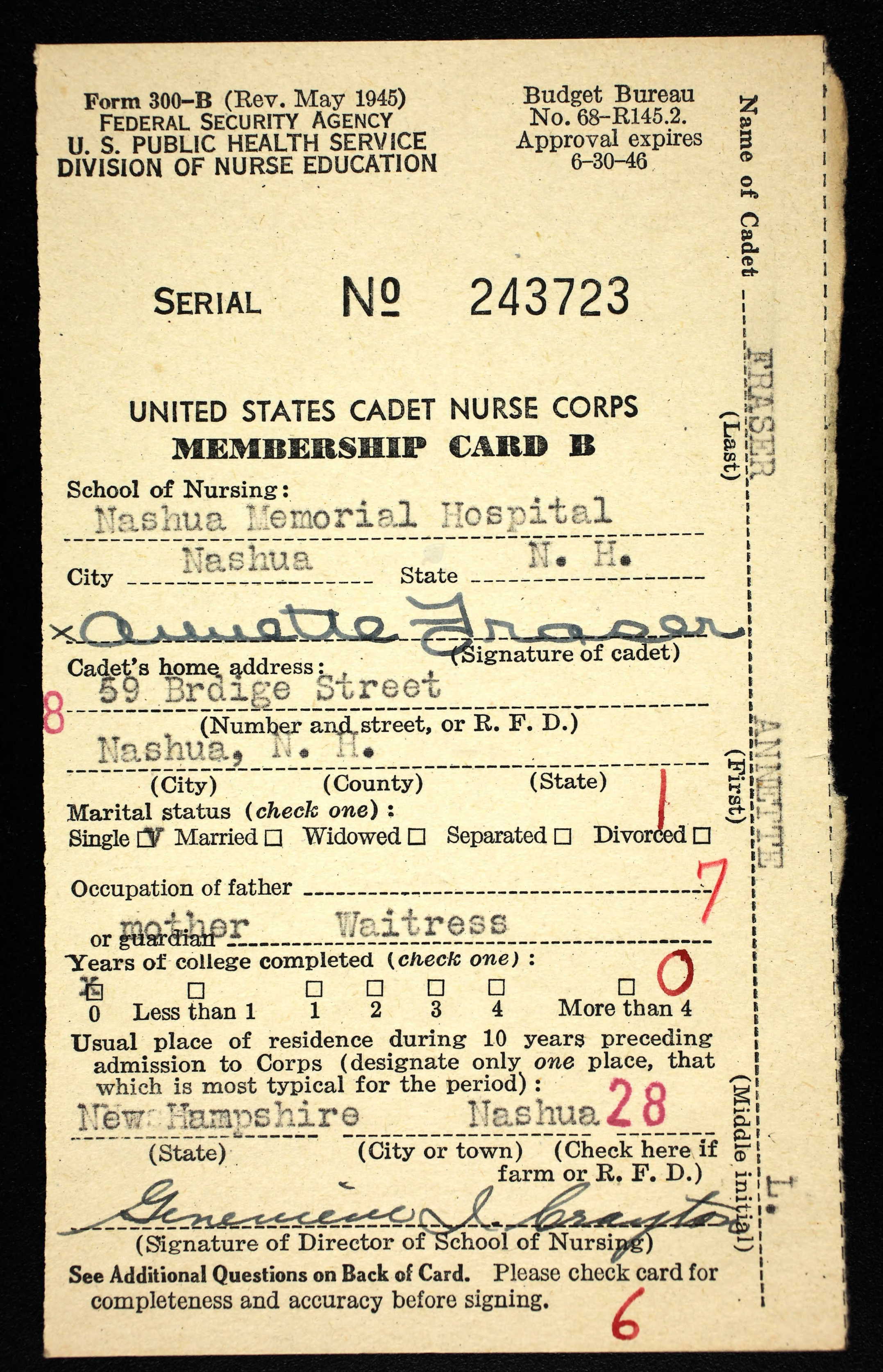 Carte de membre du corps des cadets infirmières 1939-1945