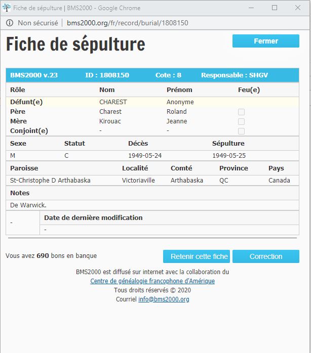 Fiche de sépulture de la base de données BMS2000
