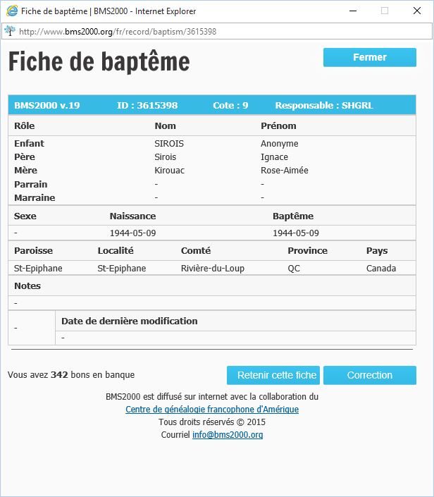 Fiche de baptême de la base de données BMS2000