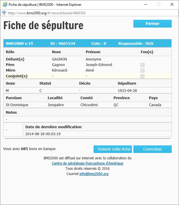 Fiche de sépulture de la base de données BMS2000