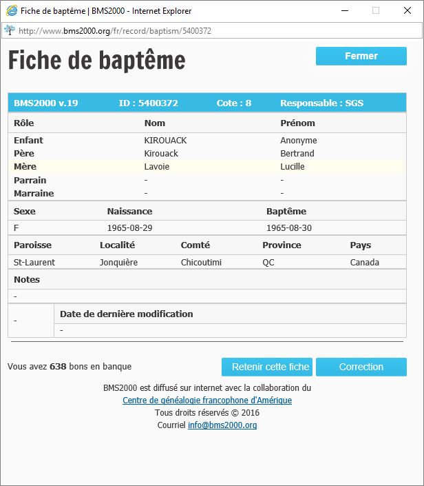 Fiche de baptême de la base de données BMS2000