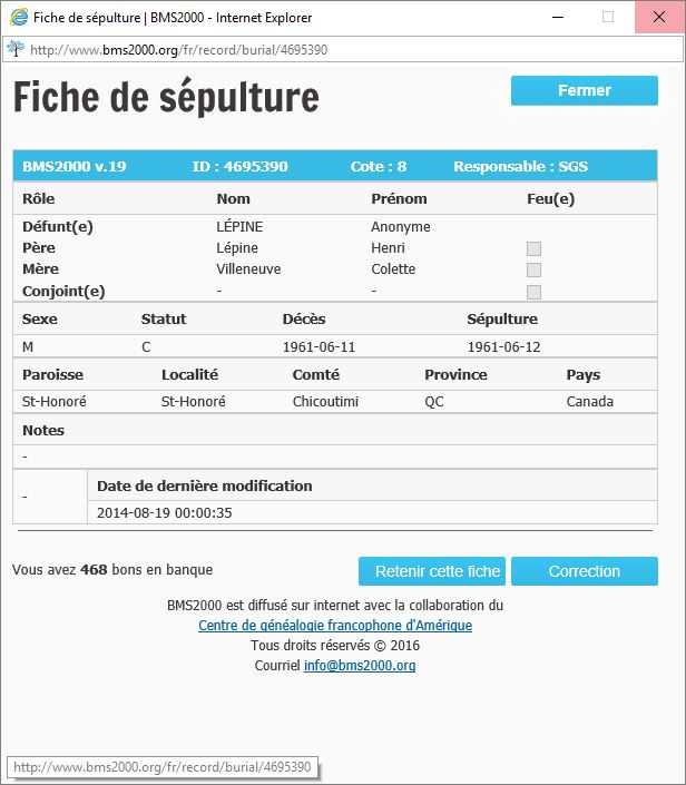Fiche de sépulture de la base de données BMS2000