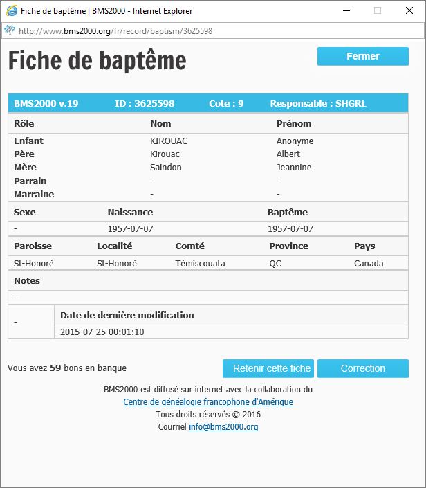 Fiche de baptême de la base de données BMS2000