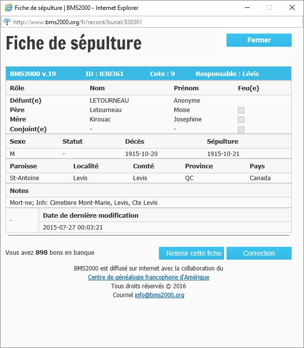 Fiche de sépulture de la base de données BMS2000