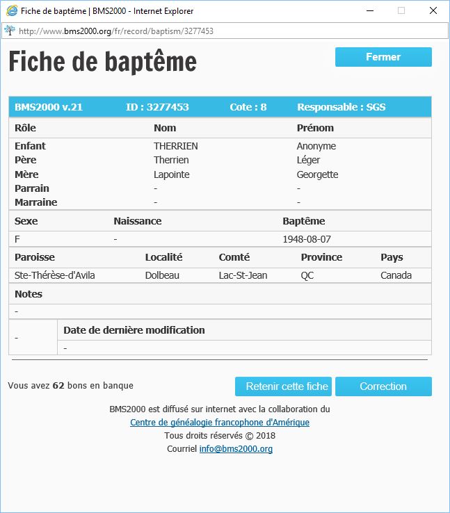 Fiche de baptême de la base de données BMS2000