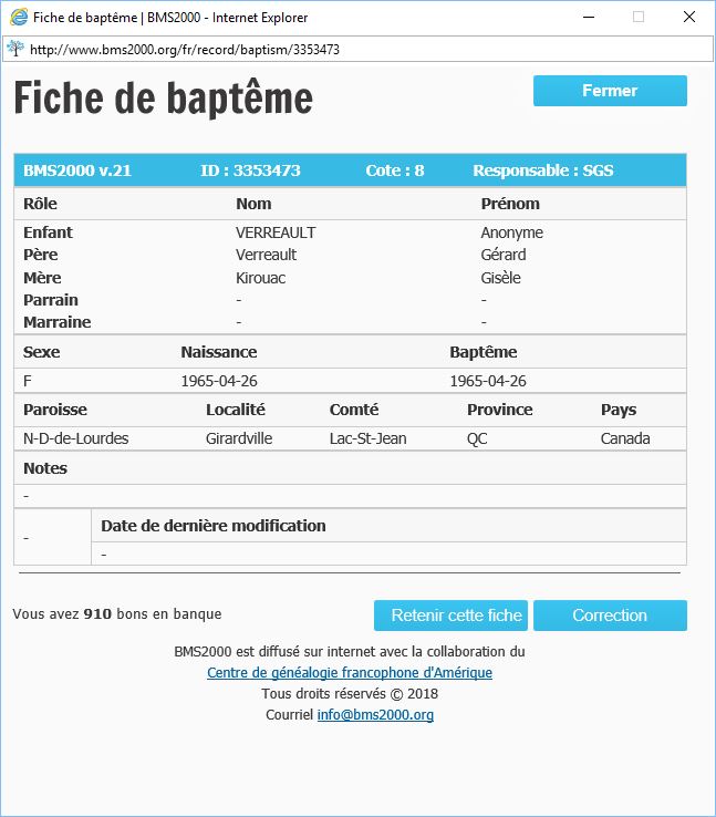 Fiche de baptême de la base de données BMS2000 Fiche de baptême de la base de données BMS2000