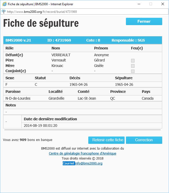 Fiche de sépulture de la base de données BMS2000 Fiche de sépulture de la base de données BMS2000