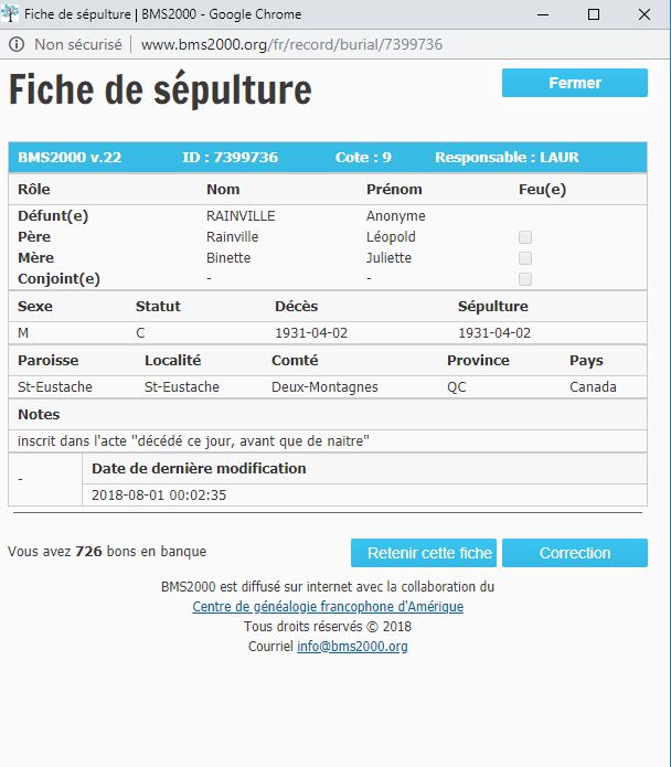 Fiche de sépulture de la base de données BMS2000