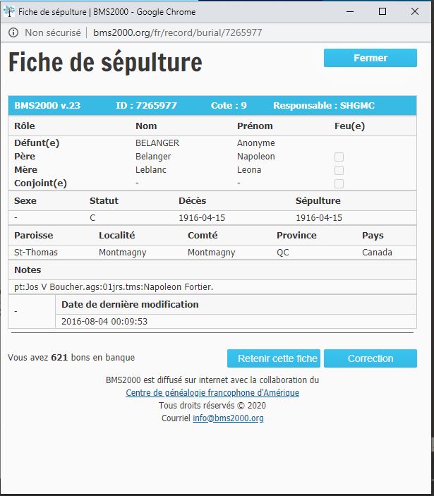 Fiche de sépulture de la base de données BMS2000