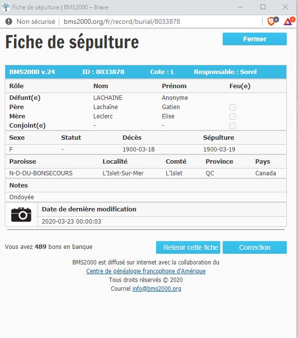 Fiche de sépulture de la base de données BMS2000