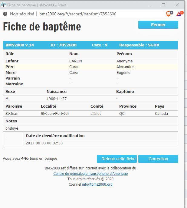 Fiche de baptême de la base de données BMS2000