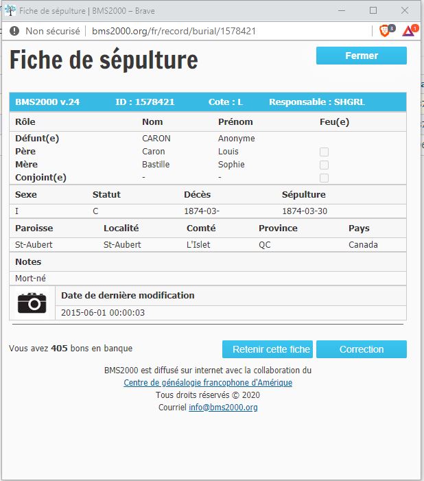 Fiche de sépulture de la base de données BMS2000