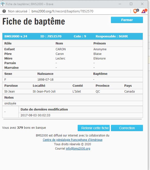 Fiche de baptême de la base de données BMS2000