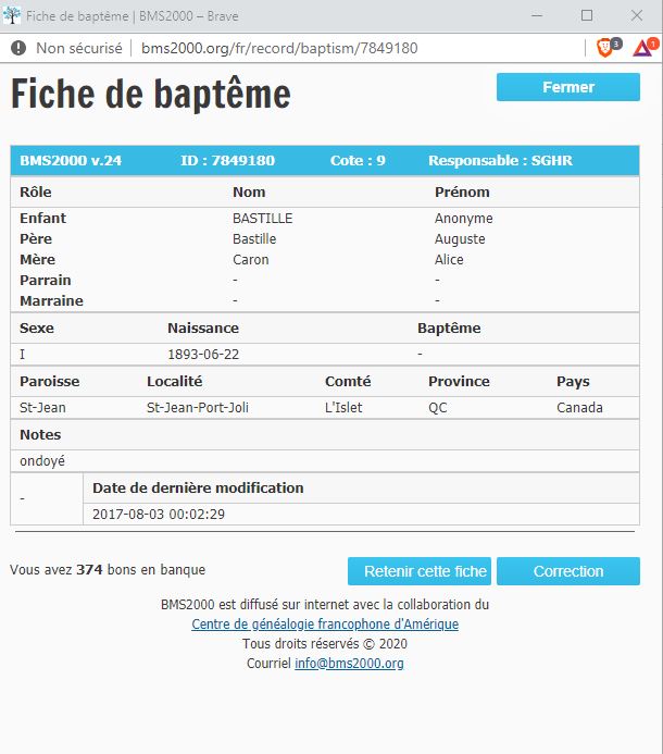 Fiche de baptême de la base de données BMS2000 Fiche de baptême de la base de données BMS2000