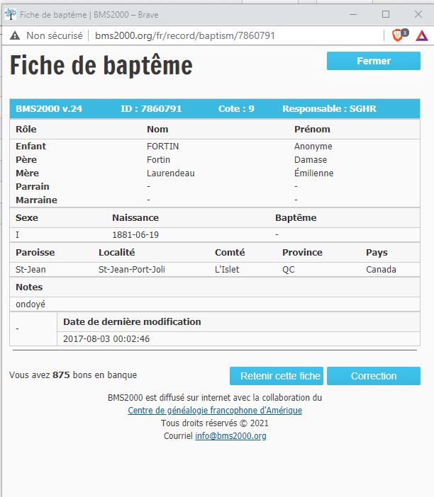Fiche de baptême de la base de données BMS2000 Fiche de baptême de la base de données BMS2000